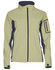 A softshell jacket in light green with dark grey accents and a zippered pocket on the arm, featuring branding.