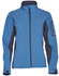 A blue ladies' softshell jacket with contrasting dark grey details and a zippered front. Features a logo on the sleeve.