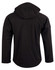 A black softshell full zip hoodie for kids, featuring a hood and a simple design with a logo.
