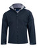 A kids' softshell full zip hoodie in navy blue, featuring a grey interior and a logo on the chest.