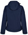 A navy blue ladies' softshell full zip hoodie with a hood and a branded logo on the back.
