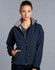 A navy ladies' softshell full zip hoodie featuring a grey inner lining and a zippered front. It has a logo on it.