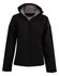 A black softshell full zip hoodie for ladies, featuring a fleece lining and a hood. It includes a logo.