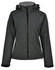 A dark grey ladies' softshell full zip hoodie with a hood, featuring a logo and a fitted design.