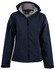 A navy women's softshell full zip hoodie with a hood and a fleece lining, featuring a logo on the chest.