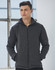Men's heather bonded fleece jacket in dark grey, featuring a zip front and hood, with a logo on the sleeve.