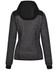 A ladies' jacket with a heather grey and black quilted design, featuring a hood and fitted silhouette.