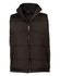 A heavy quilted vest in dark brown with a high collar and two front pockets, featuring a logo on the inner label.