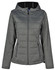 A ladies' quilted puffer jacket in grey, featuring a hood and zippered pockets, with a logo on the jacket.