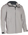 Men's waterproof performance jacket in light grey, featuring a zippered front and adjustable hood. Includes a logo.