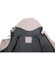 An interior view of a light grey men's waterproof performance jacket featuring a hood and a logo tag inside.