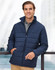 A navy insulated puffer jacket with a zip front and high collar, featuring a logo on the chest.