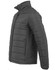 A men's sustainable insulated puffer jacket in grey, featuring a 3D cut design. The jacket has a front zip and a collar.