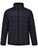 Men's sustainable insulated puffer jacket in navy blue with a zip front and a simple design. Features a logo.