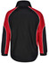 A unisex jacket in black with red accents and white piping, featuring a collar and elastic cuffs.