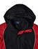 A unisex jacket featuring a black body with red accents and a hood, displaying a label inside.