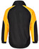 A unisex jacket featuring a black body with yellow and white accents, designed for various outdoor activities.