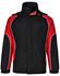 A unisex jacket featuring a black base with red accents and white piping, including a high collar and hood.