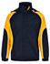 Unisex jacket in navy and yellow with a logo, featuring a zip-up front and high collar.