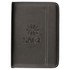 A5 zippered compendium in black leather with embossed logo and white stitching detail. Ideal for office use.