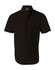 A short-sleeved men's button-up shirt in black with a neat collar and a logo on the chest.