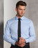 A light blue men's long-sleeve button-up shirt with a chest pocket, styled with a black tie.