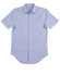 A short sleeve, button-up shirt in light blue with a pocket and a subtle logo.