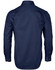 A navy blue men's button-up shirt featuring a dobby striped pattern and long sleeves. It has a branding logo.