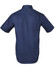 A navy blue short-sleeved button-up shirt with a plain back and a logo on the fabric.