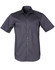 A short-sleeved, button-up men's shirt in dark grey, featuring a striped design and a chest pocket. It has a logo on the collar.