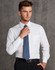 A white long sleeve button-up shirt with a pocket, worn with a blue tie and black trousers. The shirt features a herringbone pattern.
