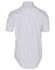 A men's short-sleeve button-up shirt in white with navy ticking stripes, featuring a standard collar and a logo.