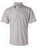 A short-sleeved men's button-up shirt in fine grey stripes with a single chest pocket and a logo on the collar.