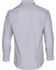 A grey and white striped long sleeve button-up shirt featuring a classic collar and a branding logo.