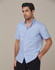 A short sleeve button-up shirt in blue with white stripes, featuring a logo on one side.