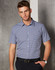 A short-sleeved, button-up shirt featuring a navy and white check pattern, with a collar and a subtle logo.