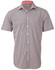 A short-sleeved men's button-up shirt featuring a black and white gingham check pattern with a red collar interior.