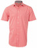 A short-sleeved men's button-up shirt featuring a red and white gingham check pattern, with a logo on the chest.