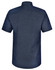 A short-sleeved men's button-up shirt in navy blue with a pin dot pattern and a logo on the back.