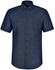 A short-sleeved button-up shirt in navy with a pin dot pattern and a chest pocket. Features branding on the collar.