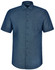 A short-sleeved blue button-up shirt featuring a pin dot pattern and a single chest pocket. It has a logo on the collar.