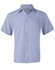 A light blue short sleeve shirt with a collar, button front, and a chest pocket, featuring a branding logo.