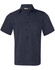 A navy blue short sleeve shirt with a button-up front and a chest pocket, featuring a logo.