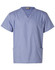 A unisex short sleeve tunic top in light blue, featuring a v-neck and side pockets. It has a logo.
