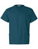 A teal unisex scrub short sleeve tunic top with a v-neck and pockets, featuring a logo on the label.