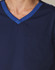 Men's short-sleeve scrub top in navy, featuring a contrast blue neckline and a front pocket. Includes a logo.