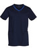 Men's short-sleeve scrub top in navy with contrast colour accents and pockets, featuring a logo.