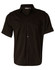 A men's short sleeve military shirt in black with two front pockets and a button-up design. It features a logo.