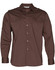 A brown long sleeve military shirt with button-up front, two chest pockets, and shoulder epaulettes. It features a logo.