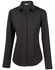 A black women's long sleeve button-up shirt with a classic collar, featuring a logo on the chest.